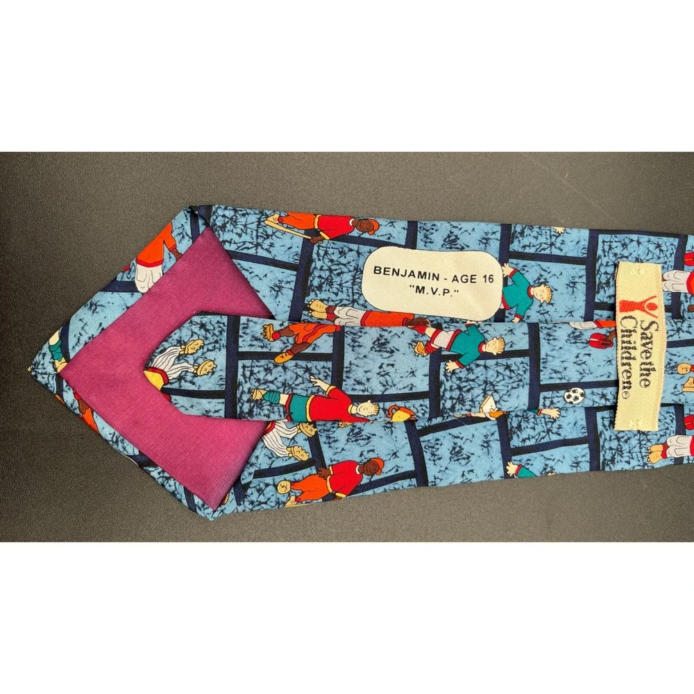 Vtg Save the Children Mens 100% Silk Necktie Benjamin Age 16 M V P‎ Sports Theme